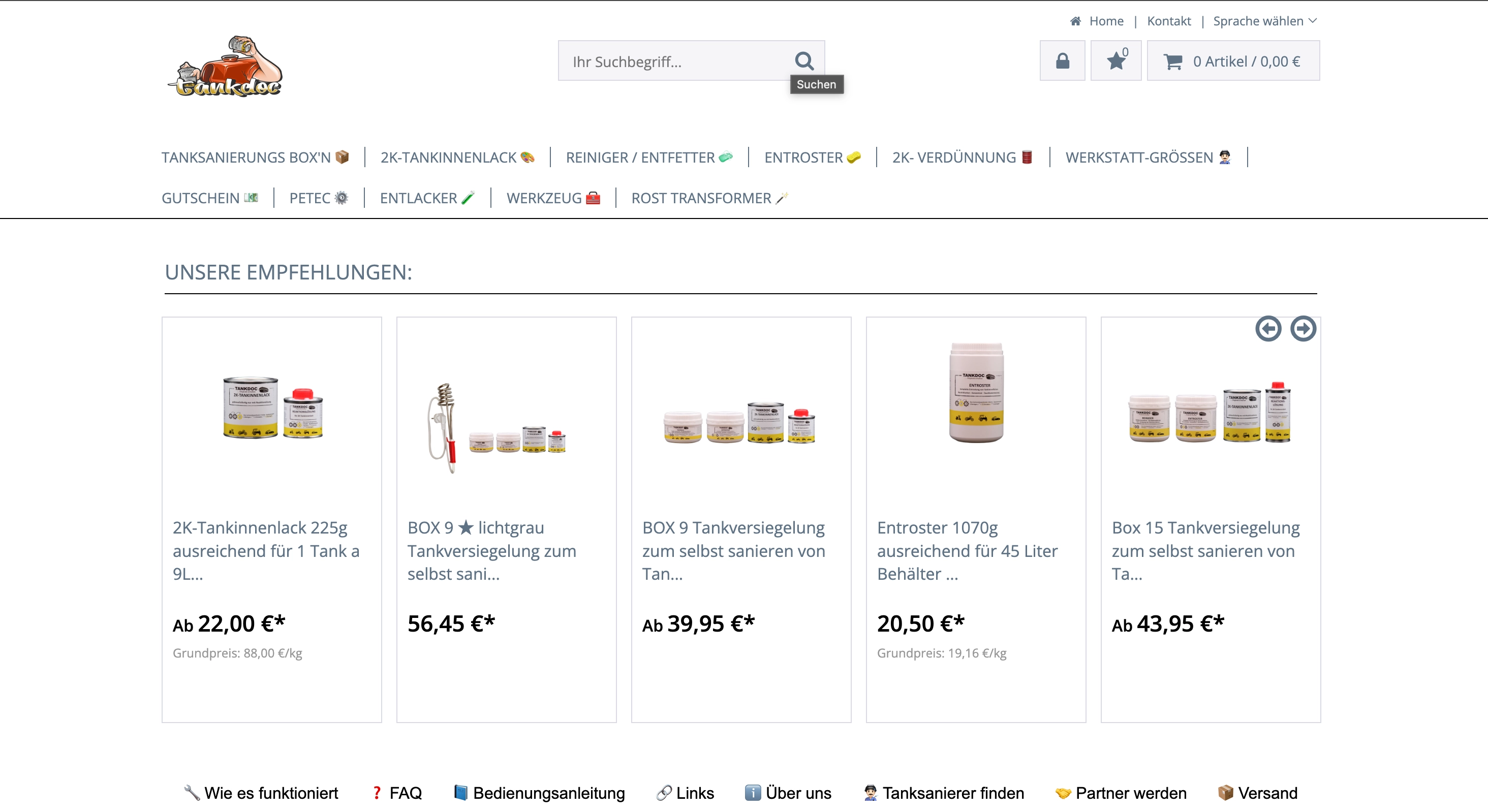 Screenshot einer deutschen Onlineshop-Seite mit Produktkacheln für Tankversiegelungs- und Reinigungsprodukte inklusive Preisen.