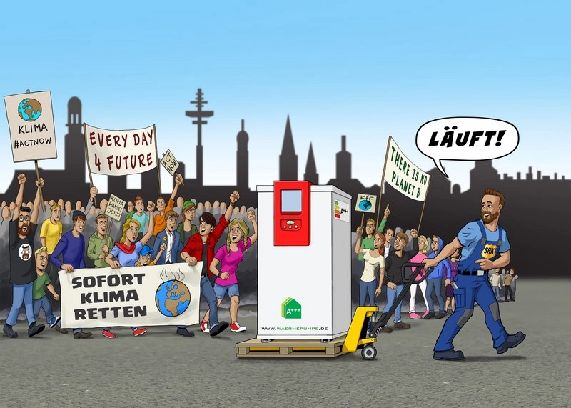 Eine bunte Menschenmenge demonstriert für den Klimaschutz mit Plakaten wie „Sofort Klima retten“ und „Every Day 4 Future“. Im Vordergrund ist ein Mann, der eine Wärmepumpe mit der Aufschrift „Läuft!“ transportiert. Im Hintergrund sind Silhouetten von Stadtgebäuden sichtbar.