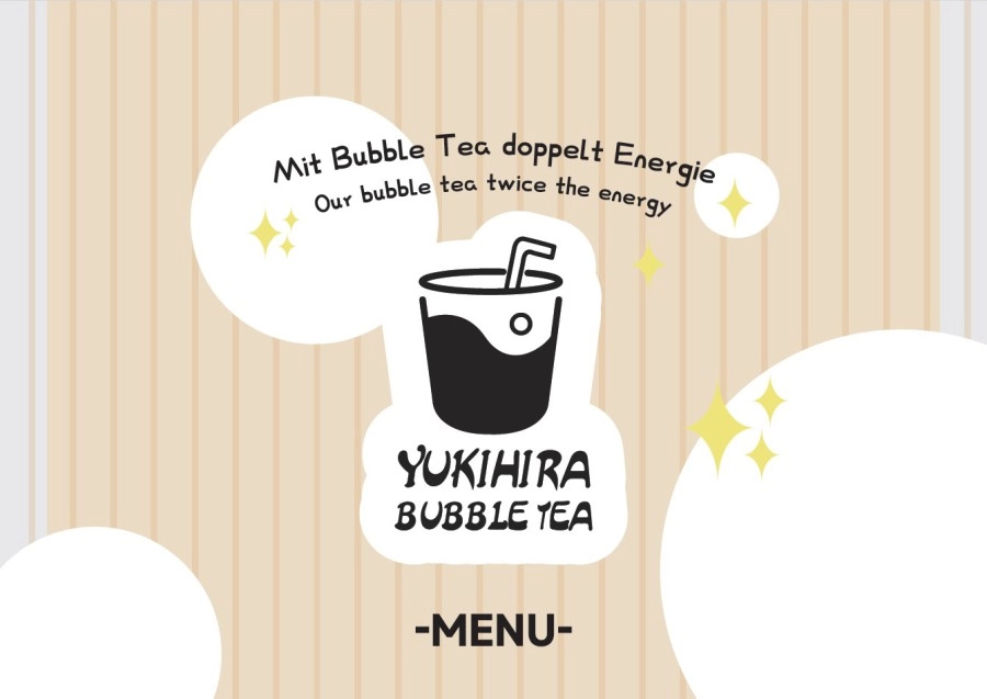 Grafisches Bubble-Tea-Menü mit Logo (Becher mit Strohhalm) und dem Text 'Yukihira Bubble Tea' sowie dem Slogan.