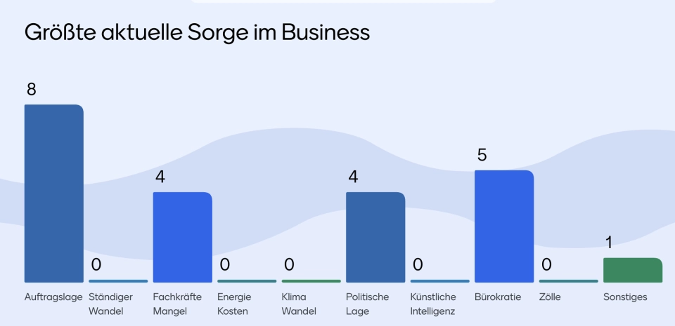 Balkendiagramm: ‚Größte aktuelle Sorge im Business‘ – Auftragslage 8, Bürokratie 5, Fachkräftemangel 4, politische Lage 4, Sonstiges 1, mehrere weitere Kategorien 0.