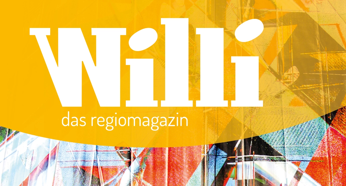 Magazine-Cover mit dem Titel ‚Willi – das regiomagazin‘ auf gelbem Hintergrund und bunten abstrakten Formen darunter.