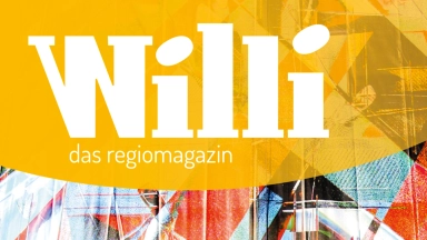 Magazine-Cover mit dem Titel ‚Willi – das regiomagazin‘ auf gelbem Hintergrund und bunten abstrakten Formen darunter.