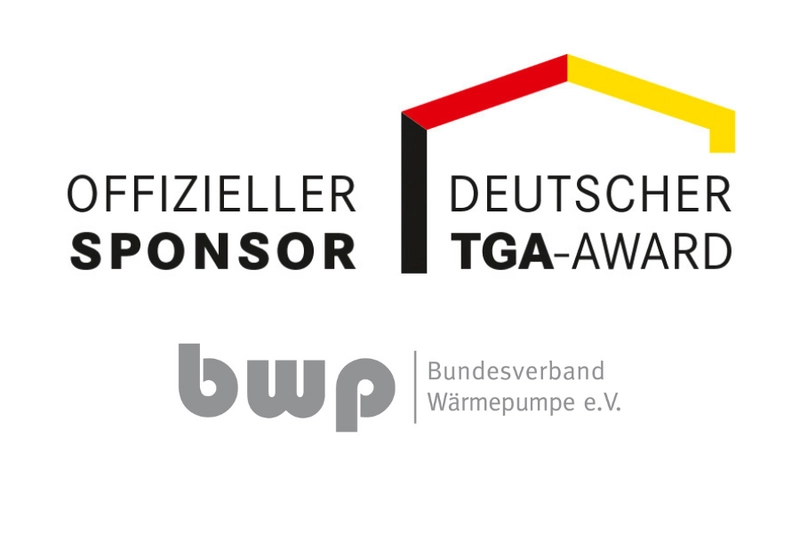 Logo des Deutschen TGA-Awards, das den offiziellen Sponsor, den Bundesverband Wärmepumpe e.V. (bwp), präsentiert. Die textliche Darstellung umfasst „Offizieller Sponsor“ und „Deutscher TGA-Award“ in markanten Schriftarten. Oben ist die deutsche Flagge angedeutet.