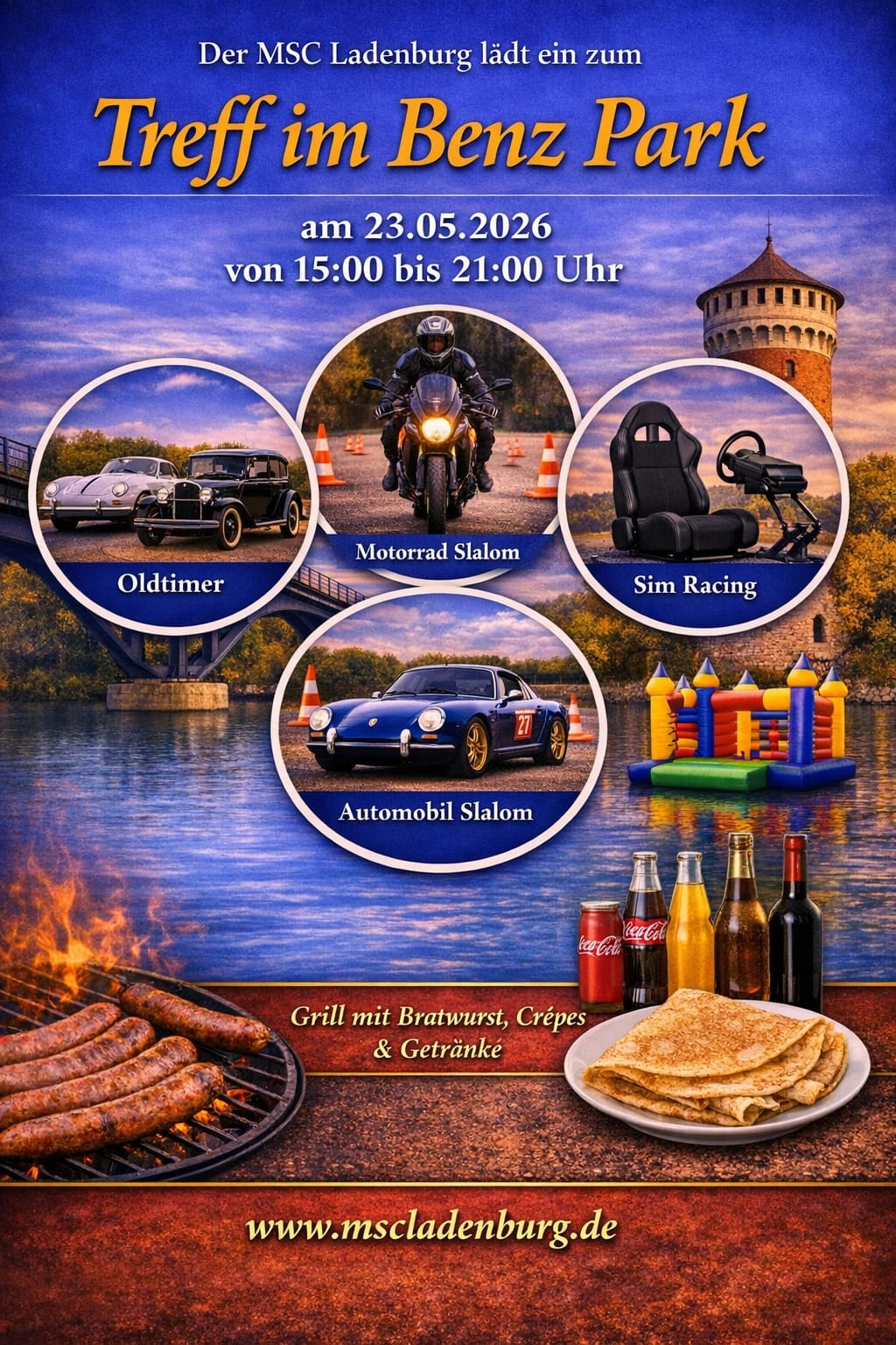 Plakat für Treff im Benz Park: Oldtimer, Motorrad- und Automobil-Slalom, Sim-Racing, Hüpfburg sowie Grillgut und Getränke abgebildet.