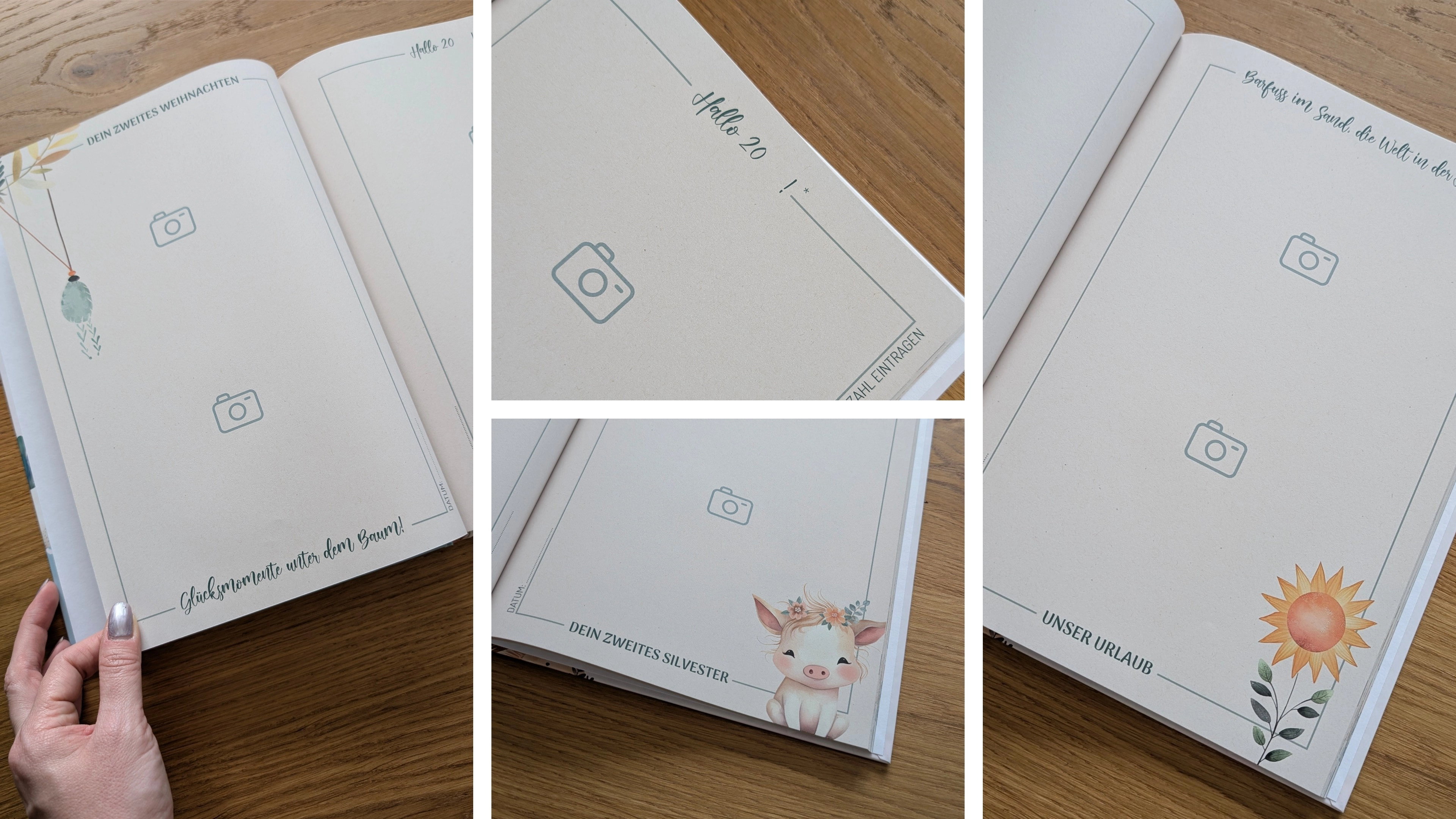 Offenes Journal auf einem Holztisch mit mehreren leeren Foto-Platzhaltern und dekorativen Motiven (Sonnenblume, kleines Kalb, Traumfänger); eine Hand hält eine Seite.