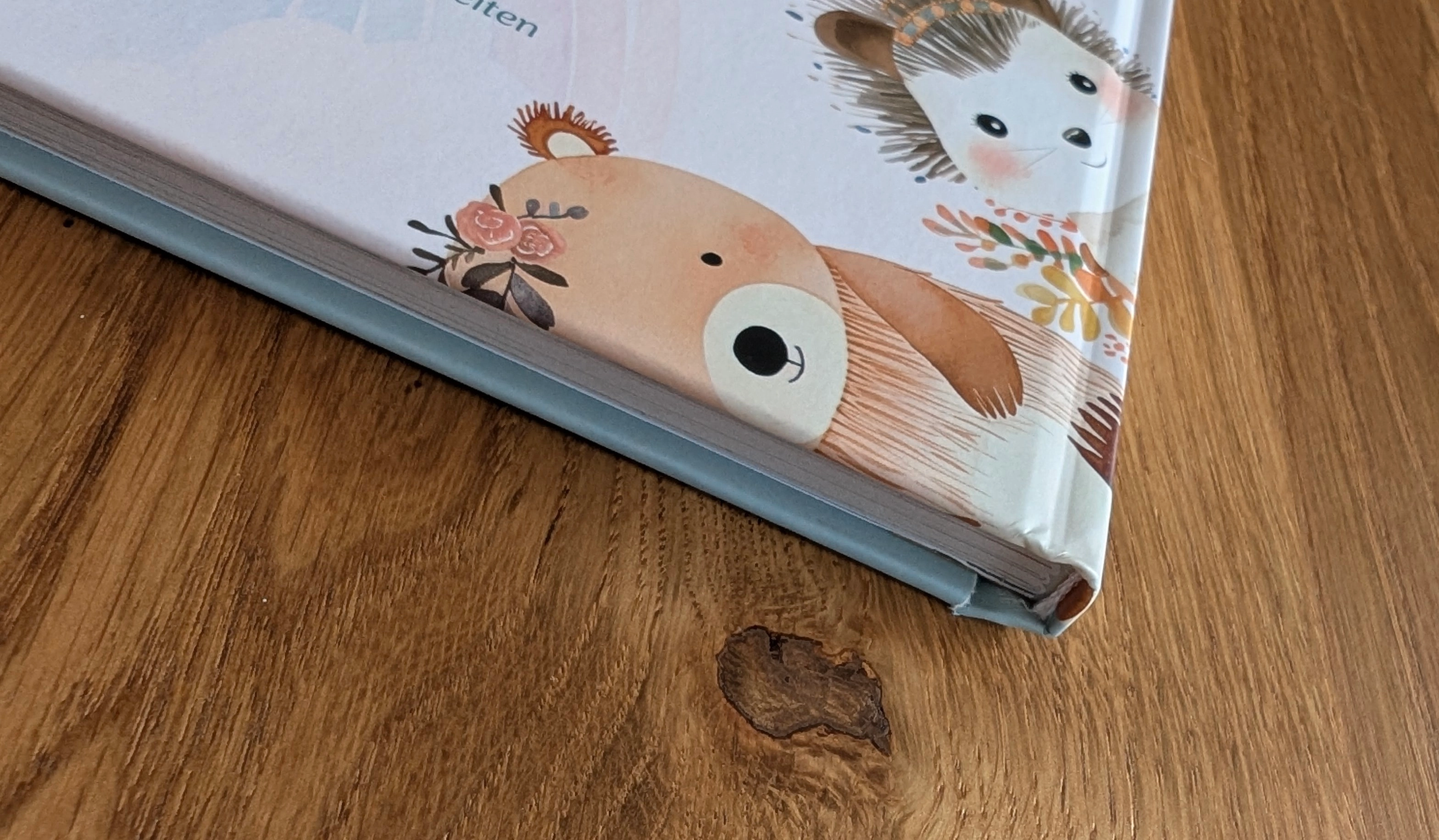 Nahaufnahme der Ecke eines Kinderbuchs mit Bären- und Igelillustration auf einem Holztisch.