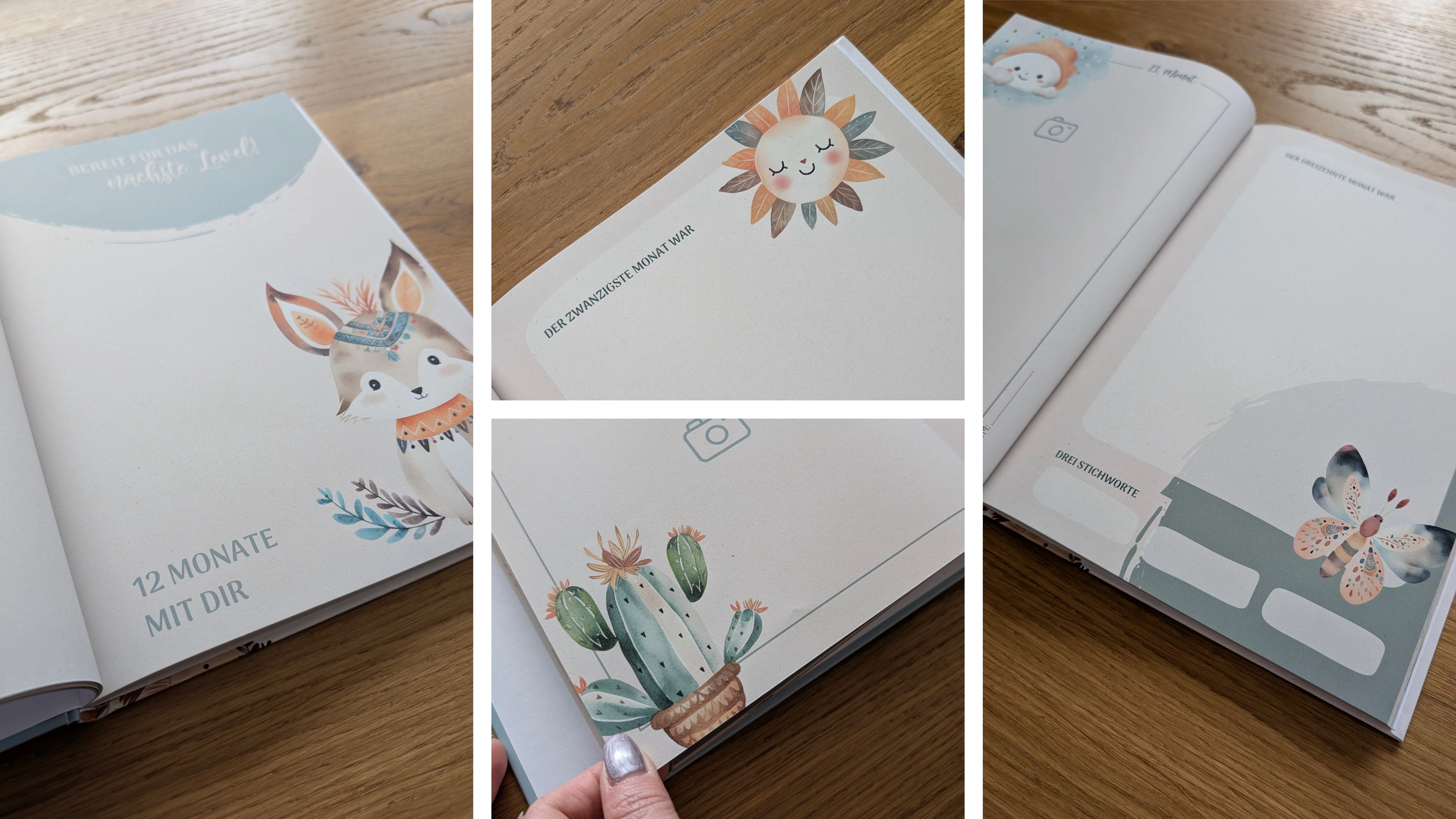 Aufgeschlagene Seiten eines bebilderten Babyjournals mit Fuchs-, Sonnen-, Kaktus- und Schmetterlingsillustrationen.