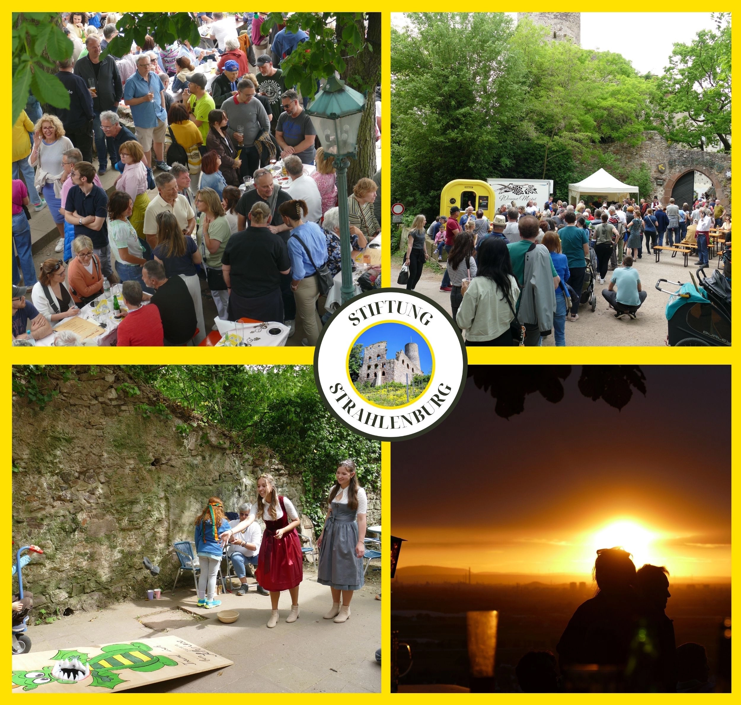 Gelbe Collage mit vier Fotos: Besucher bei einem Freilichtfest und an Ständen, Warteschlange vor Verkaufsständen, zwei Frauen in Dirndl bei einer Vorführung und eine Paar-Silhouette vor Sonnenuntergang; mittig ein rundes Logo der Stiftung Strahlenburg.