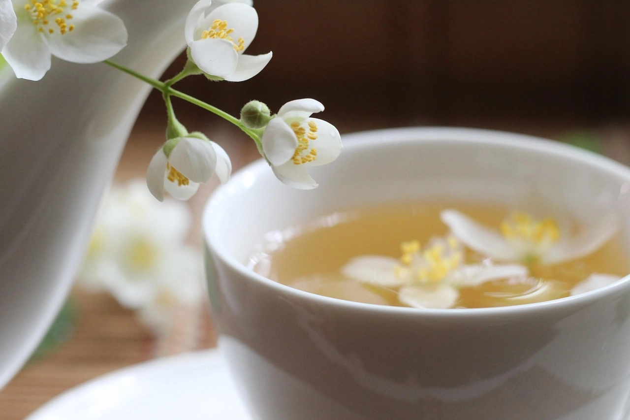 Nahaufnahme einer weißen Tasse mit hellem Tee, in dem weiße Blüten schwimmen; ein Blütenzweig hängt am Rand.