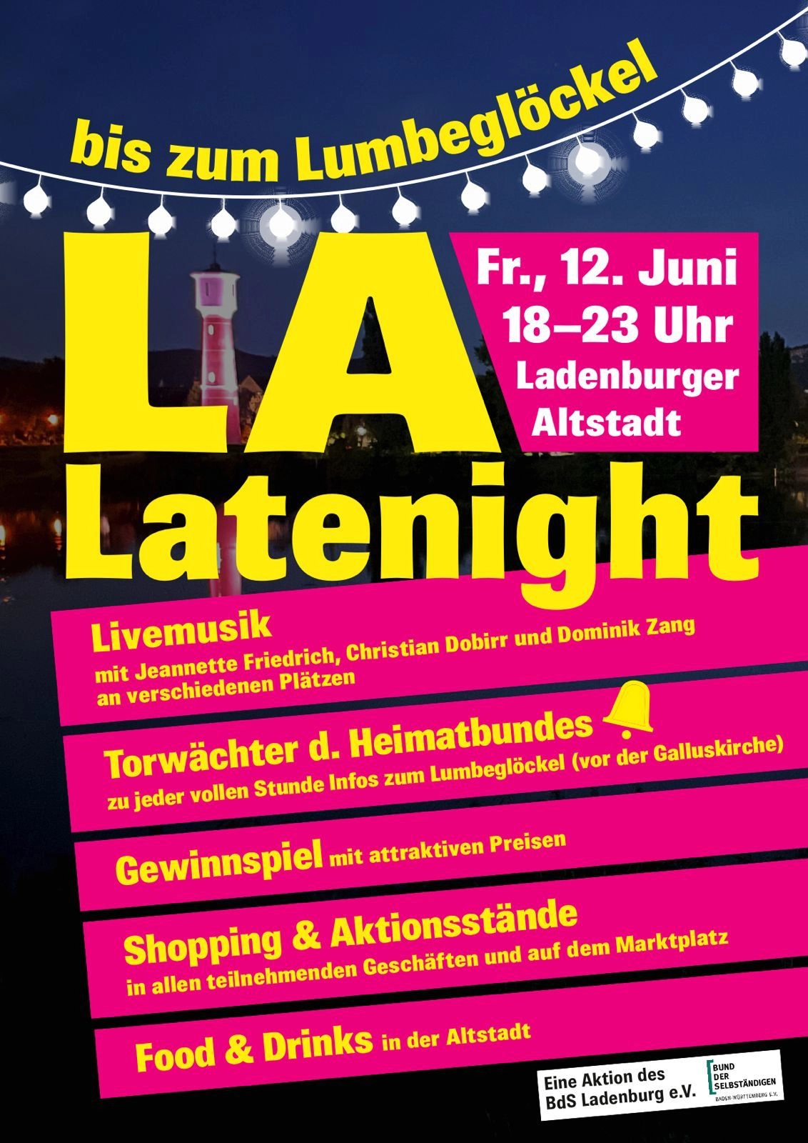 Buntes Veranstaltungsplakat für „LA Latenight“ in Ladenburg, Fr., 12. Juni 18–23 Uhr, mit Hinweisen zu Livemusik, Gewinnspiel, Shopping und Food & Drinks.