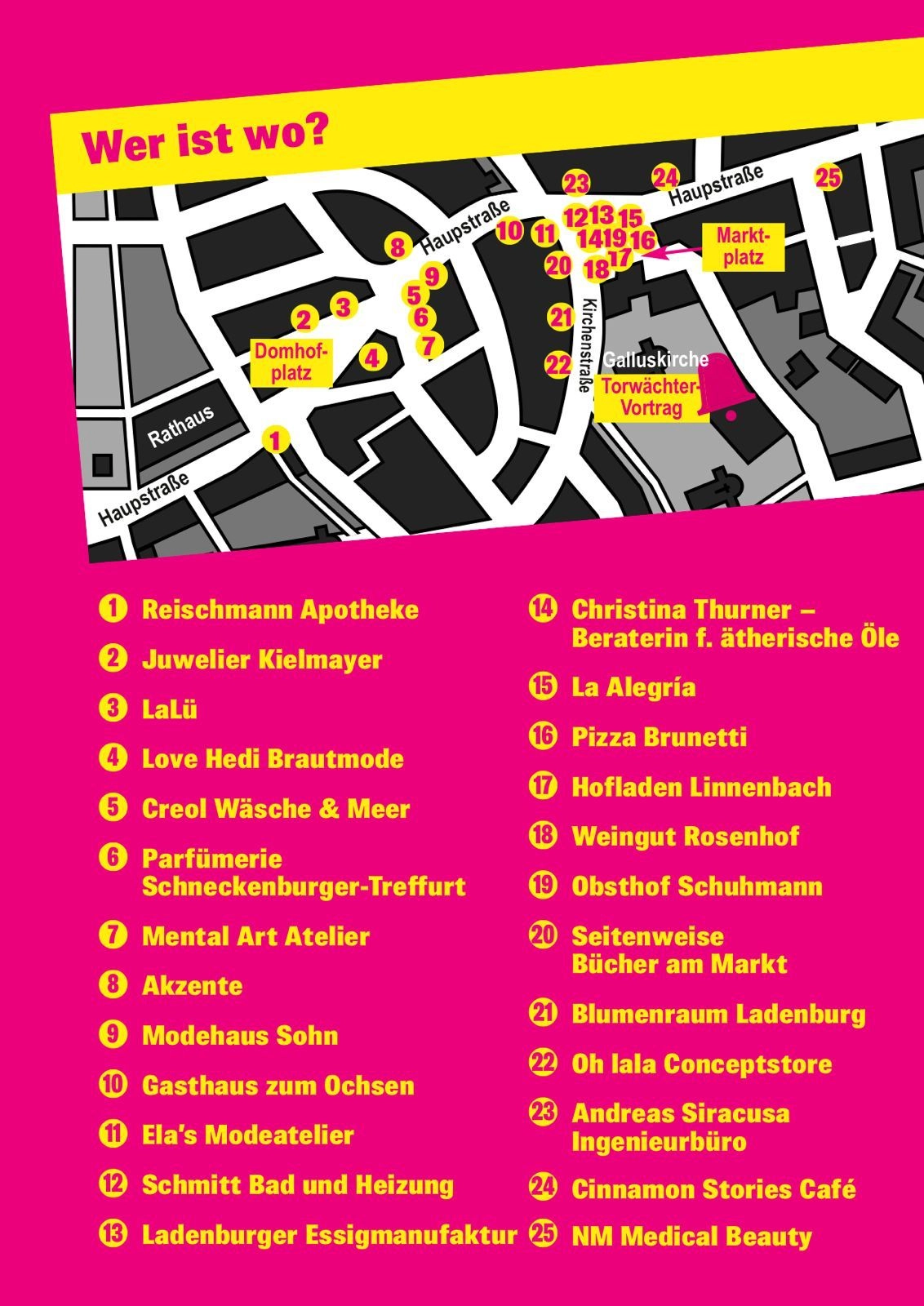Karte eines Stadtzentrums mit gelben nummerierten Punkten und einer nummerierten Liste (1–25) auf pinkem Hintergrund, die diverse Geschäfte und Orte benennt.