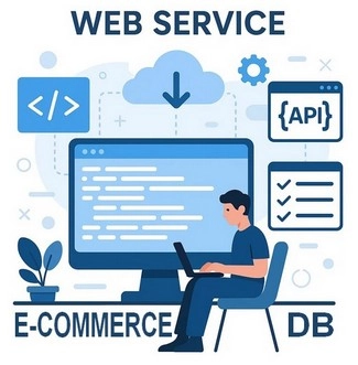 Illustration: Person arbeitet am Laptop vor großem Monitor mit Code; Symbole für Web-Service, API, Cloud, E‑Commerce und Datenbank.