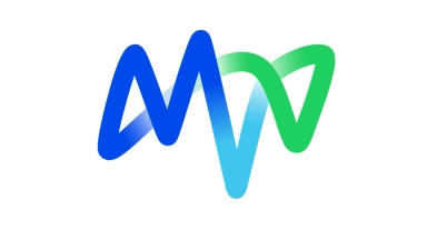 Abstraktes Logo mit einer wellenförmigen Linie in Blau und Grün auf weißem Hintergrund.