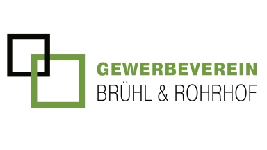 Logo mit einem schwarzen und einem grünen, überlappenden Quadrat und dem Text „Gewerbeverein Brühl & Rohrhof“.