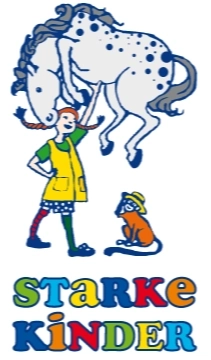 Bunte Illustration: ein Kind hebt ein Pferd über dem Kopf, ein Hund sitzt daneben, darunter der Schriftzug ‚STARKE KINDER‘.
