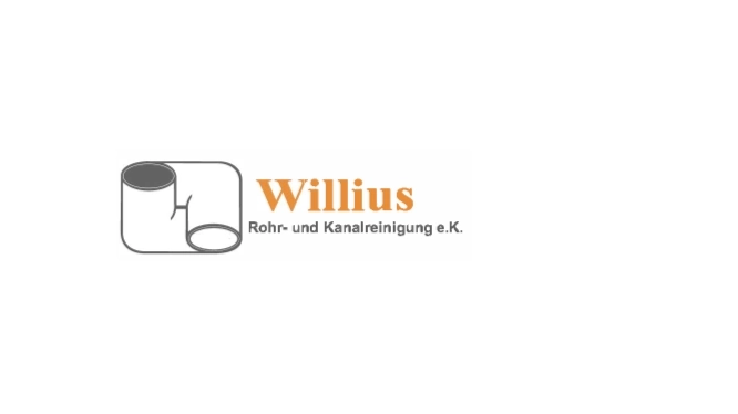 Logo mit stilisiertem Rohrsymbol links und dem Schriftzug 'Willius Rohr- und Kanalreinigung e.K.' in Orange und Grau.