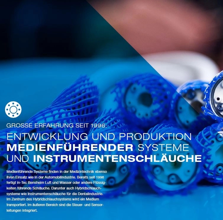 Nahaufnahme blauer technischer Schläuche vor unscharfem Hintergrund, darüber deutscher Werbetext zu medienführenden Systemen.