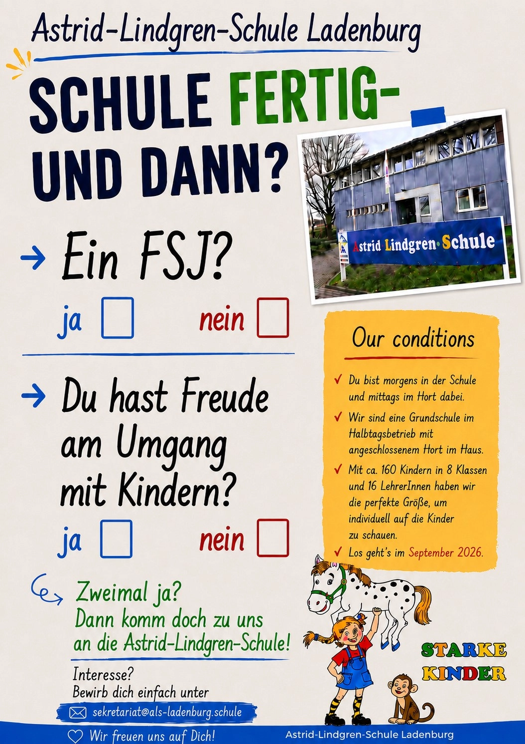 Poster der Astrid-Lindgren-Schule Ladenburg: Informationsblatt zu FSJ mit Foto des Schulgebäudes, Fragen zum Umgang mit Kindern, Bedingungen und Illustrationen von Kindern und einem Pferd.
