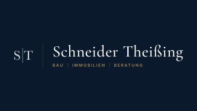 Dunkelblauer Banner mit Logo 'S|T' links und der Schrift 'Schneider Theissing' sowie dem Text 'Bau | Immobilien | Beratung'.