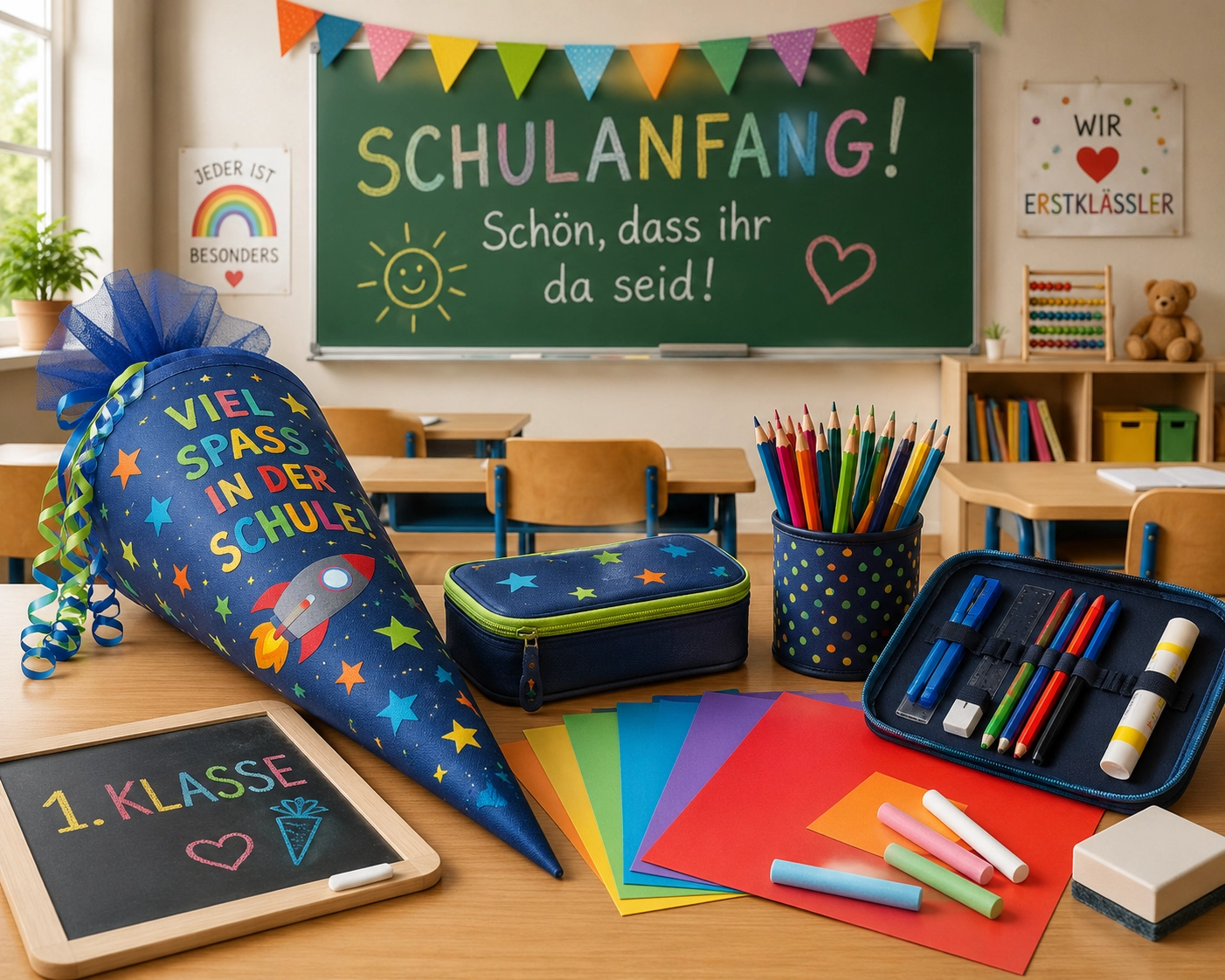 Klassenzimmer mit einem Tisch, auf dem eine bunte Schultüte, Federmäppchen, Buntstifte, Kreide und farbiges Papier liegen; im Hintergrund eine Tafel mit der Aufschrift ‚Schulanfang‘.