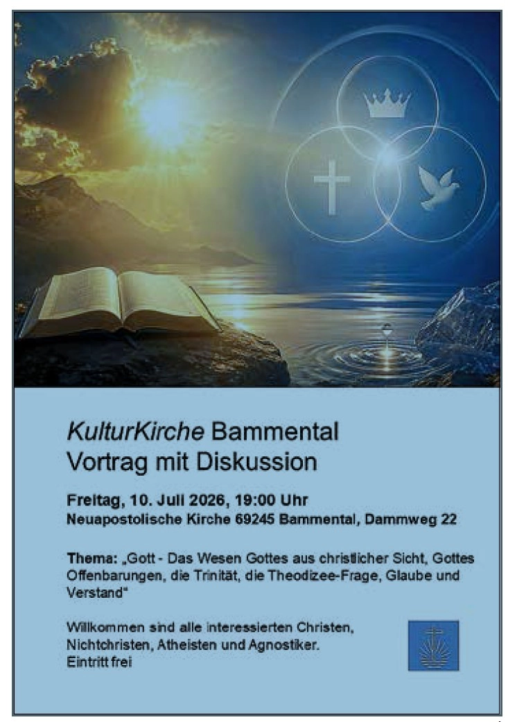 Flyer der KulturKirche Bammental mit Bibel am Ufer, Sonne und religiösen Symbolen; Angaben zu Vortrag und Diskussion am 10. Juli 2026.