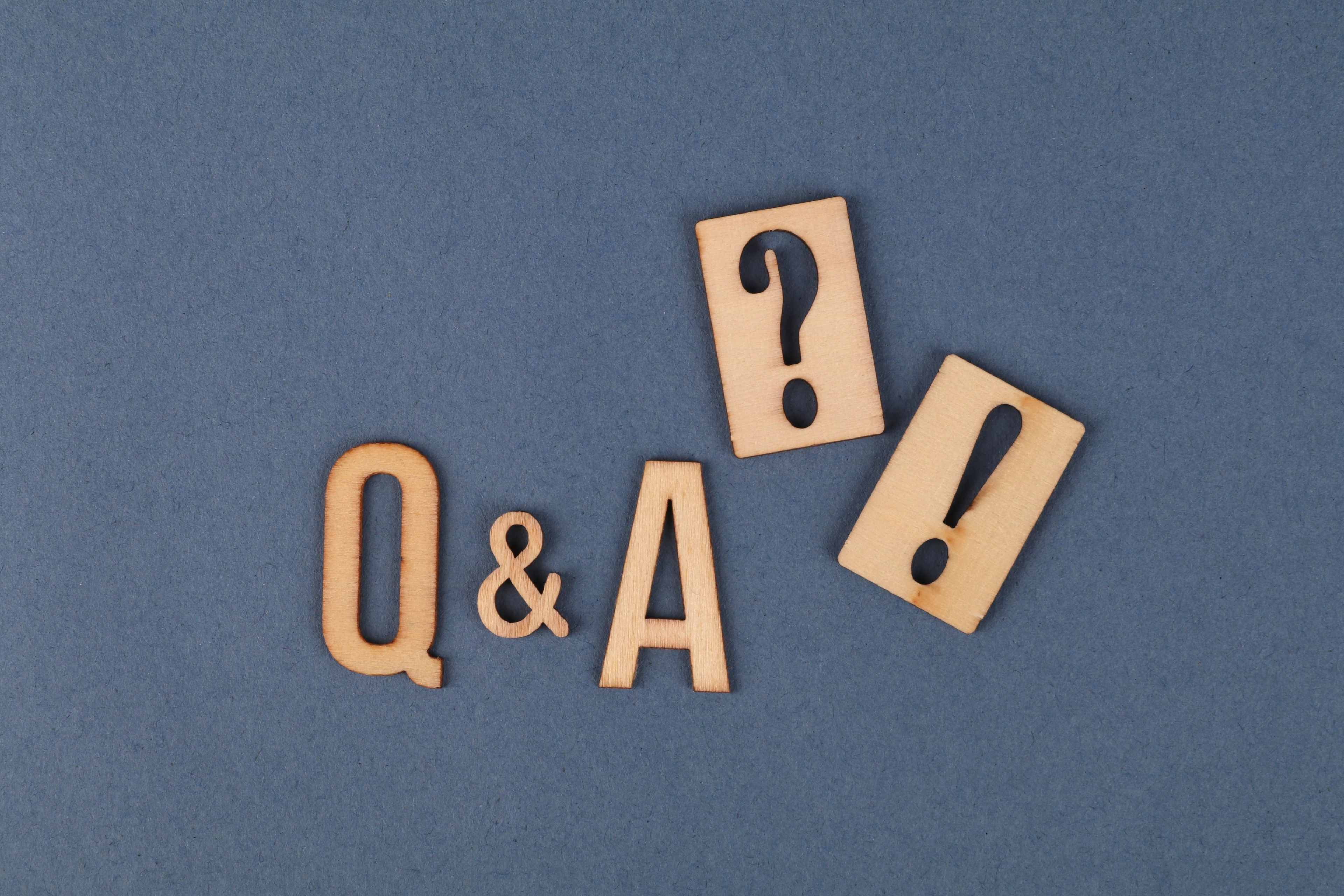 Holzbuchstaben Q, & und A sowie zwei Holzplättchen mit Frage- und Ausrufezeichen auf blauem Papier.