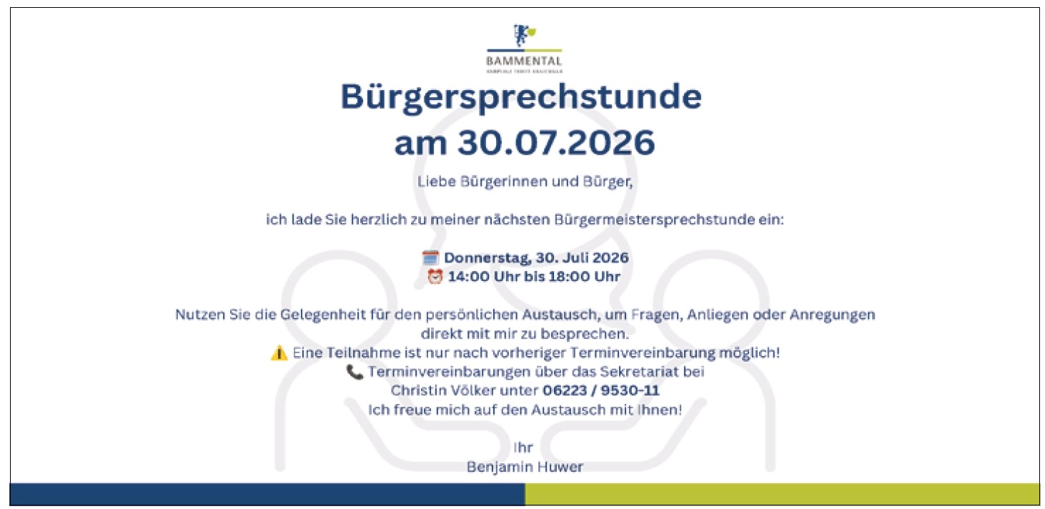 Flyer: Bürgersprechstunde am 30. Juli 2026, 14:00–18:00 Uhr; Hinweis auf vorherige Terminvereinbarung und Kontaktinformation.