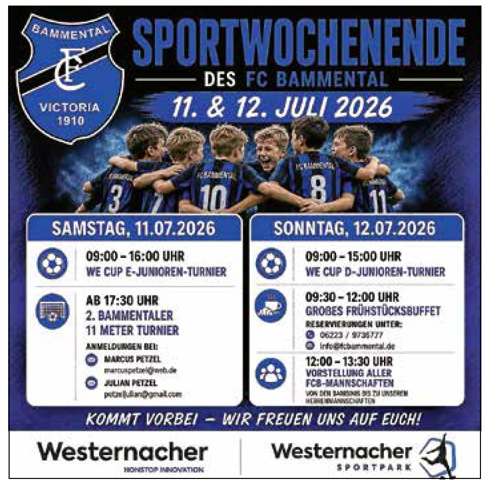 Plakat für das Sportwochenende des FC Bammental (11.–12. Juli 2026) mit Foto von jubelnden Jugendfußballern, Tagesprogramm (Samstag und Sonntag) und Sponsorenlogos.