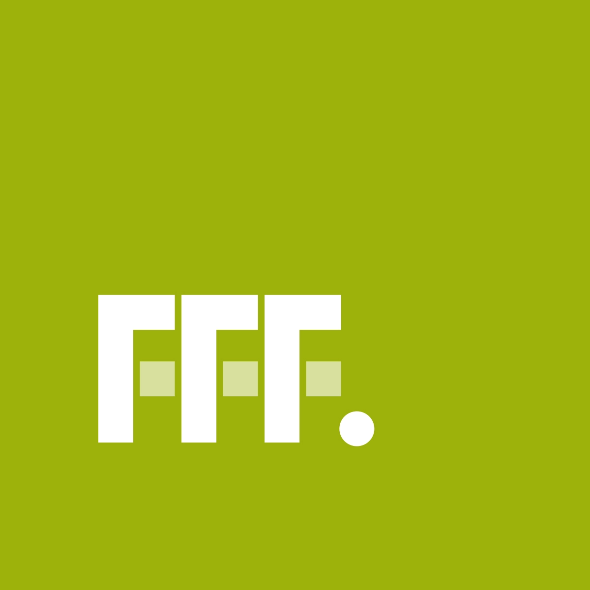 Grüner Hintergrund mit weißem Logo aus drei stilisierten Buchstaben F und einem Punkt.