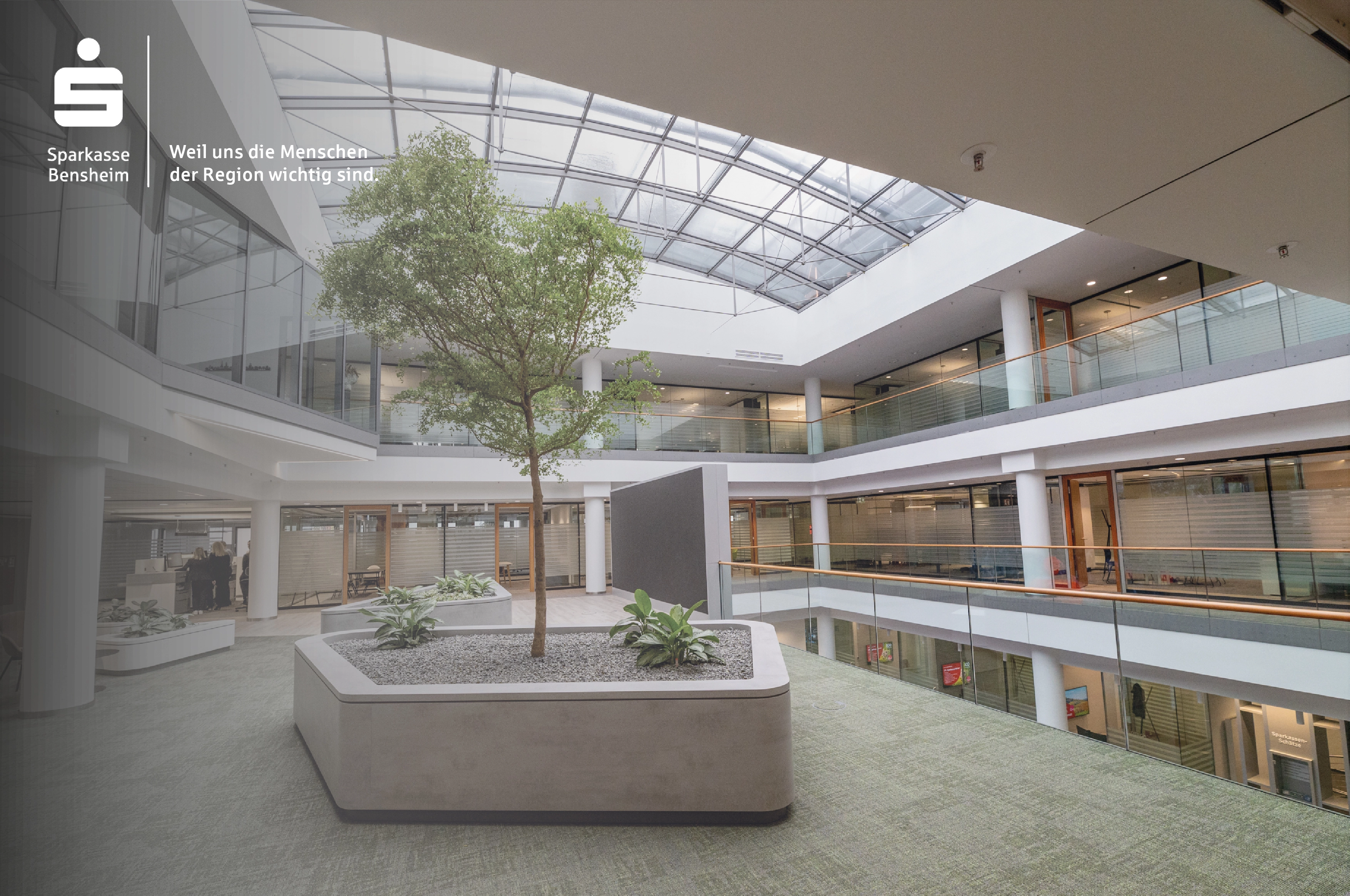 Innenraum eines modernen Atriums mit zentralem Pflanzbeet und Baum, umlaufenden Galerien und Glasdach; Sparkasse-Logo in der oberen Ecke.