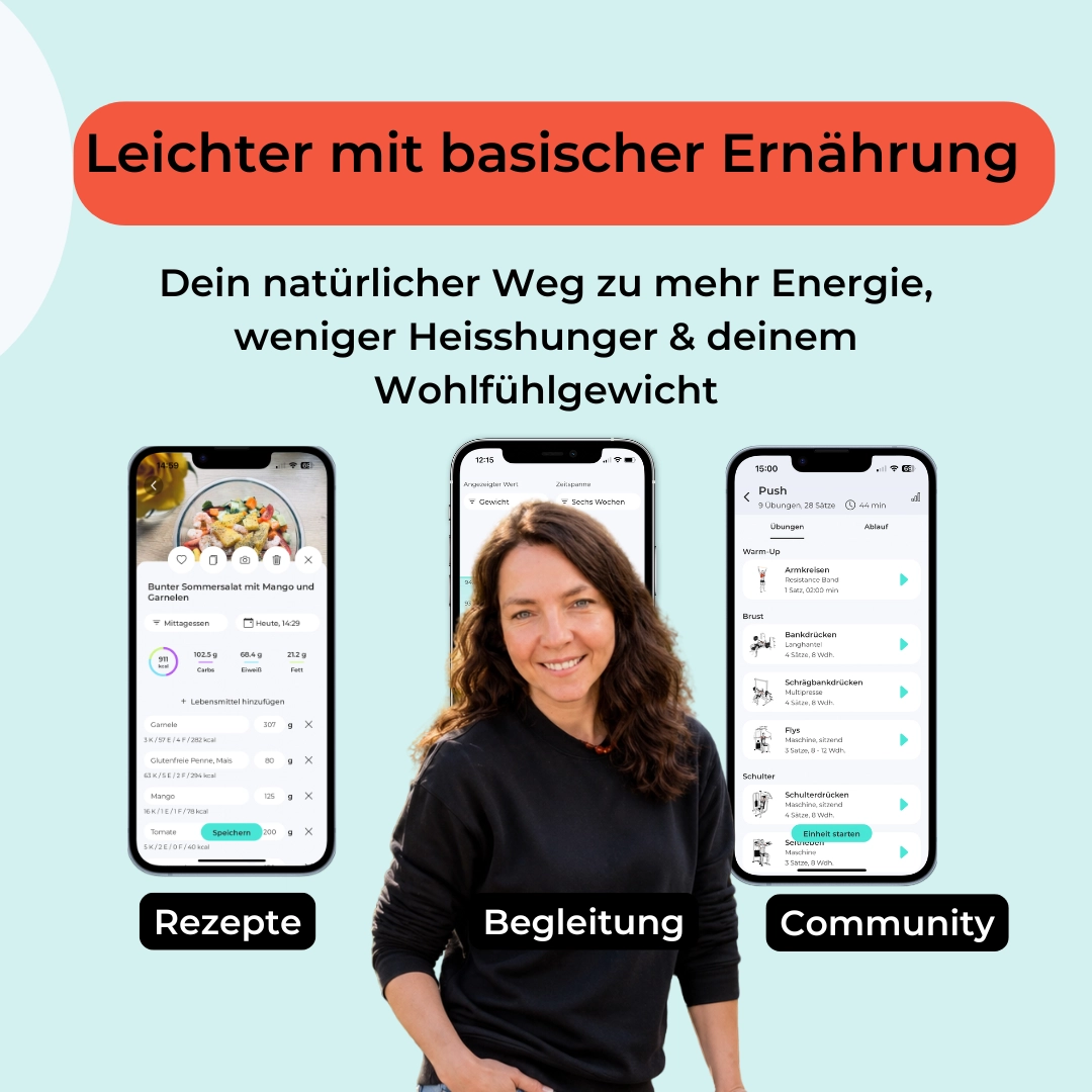 Werbebild: lächelnde Frau vor drei Smartphone-Displays; Titel 'Leichter mit basischer Ernährung' und Beschriftungen 'Rezepte, Begleitung, Community'.