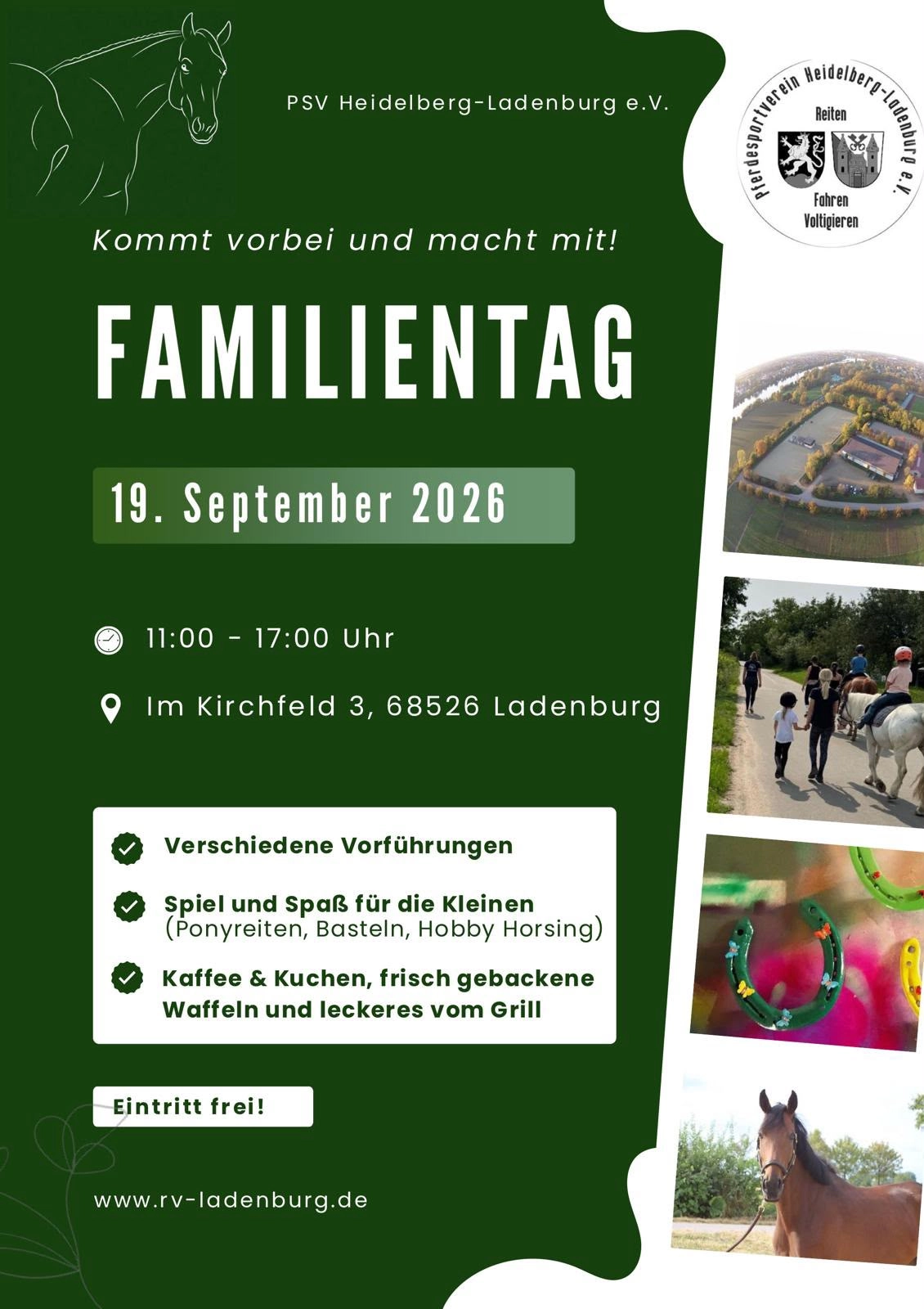 Grünes Veranstaltungsplakat: Familientag am 19. September 2026 beim PSV Heidelberg‑Ladenburg, mit Uhrzeit, Adresse, Programmpunkten (Ponyreiten, Vorführungen, Kuchen, Grill) und mehreren Fotos von Pferden und Menschen.