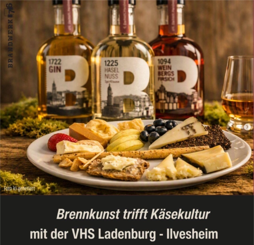 Käseplatte mit Obst, Crackern und Brot vor drei Flaschen Spirituosen und einem Glas, darunter Werbetext zur Veranstaltung.