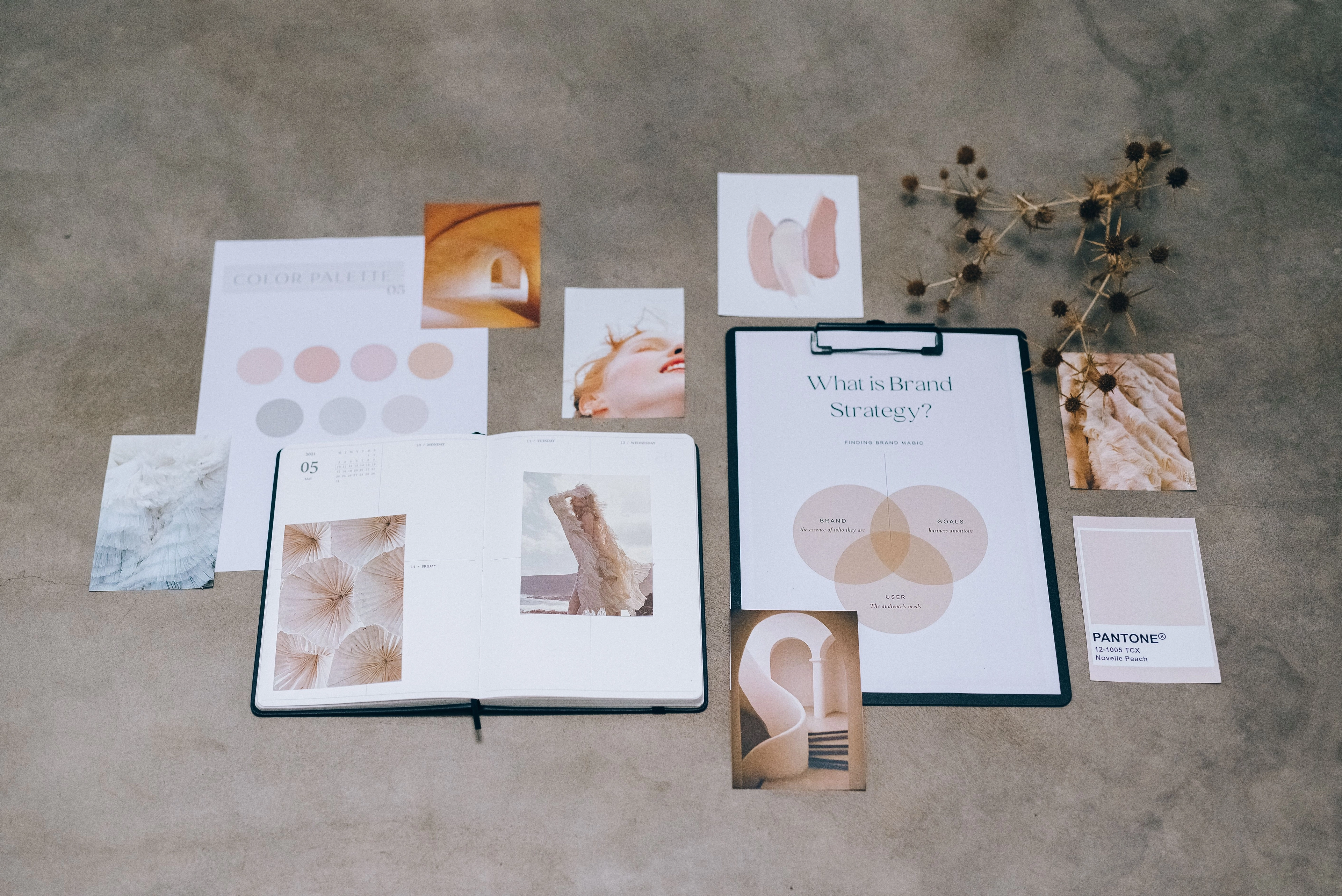 Flatlay auf beige Oberfläche: geöffnetes Notizbuch, Klemmbrett mit 'What is Brand Strategy?', Farbkarten, Fotos und dekorative Pflanzenteile.