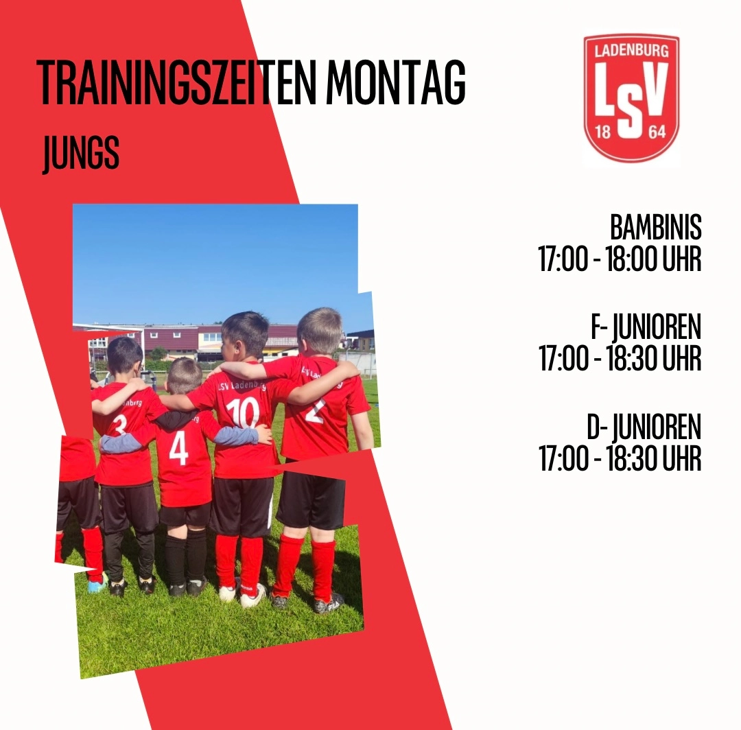 Poster mit Trainingszeiten für Jungen-Fußball; rechts Text mit Uhrzeiten, links Foto von Kindern in roten Trikots von hinten.