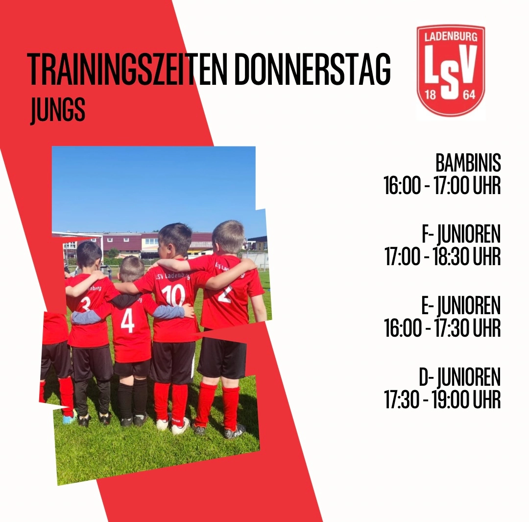 Plakat mit Trainingszeiten (Donnerstag) für Jungen; links Foto von fünf Jungen in roten Fußballtrikots (Rückenansicht), rechts Liste der Uhrzeiten.