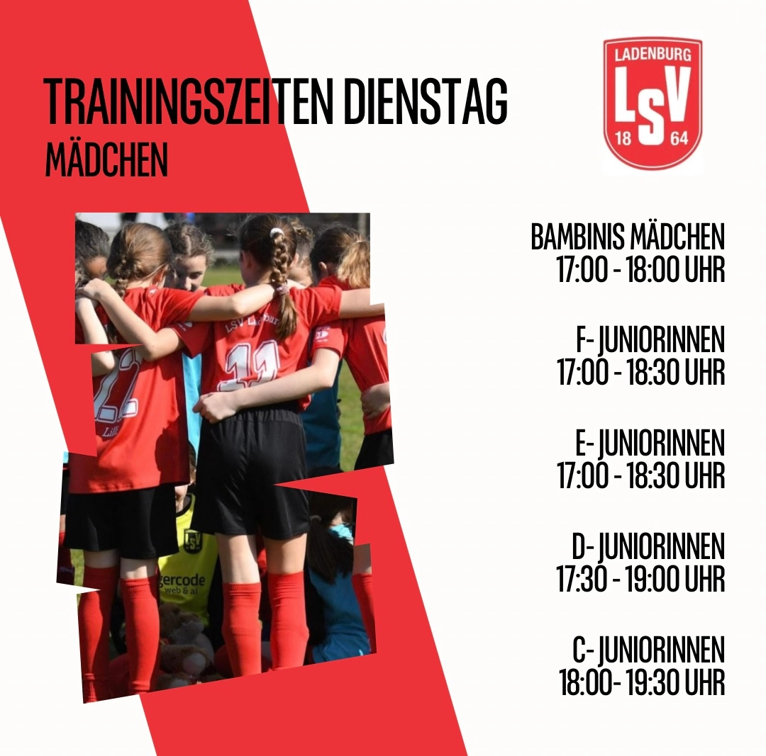 Plakat: Mädchen-Fußballerinnen in roten Trikots umarmen sich links, rechts Text mit Trainingszeiten und Vereinsemblem.