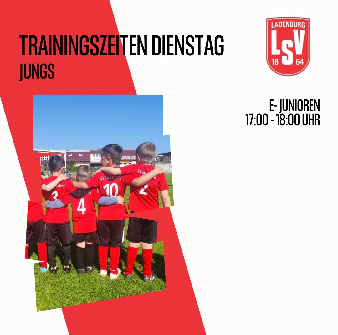 Plakat: mehrere Jungen in roten Fußballtrikots stehen Arm in Arm auf dem Rasen; Text informiert über Trainingszeiten Dienstag für E‑Junioren (17:00–18:00 Uhr) und LSV-Logo.