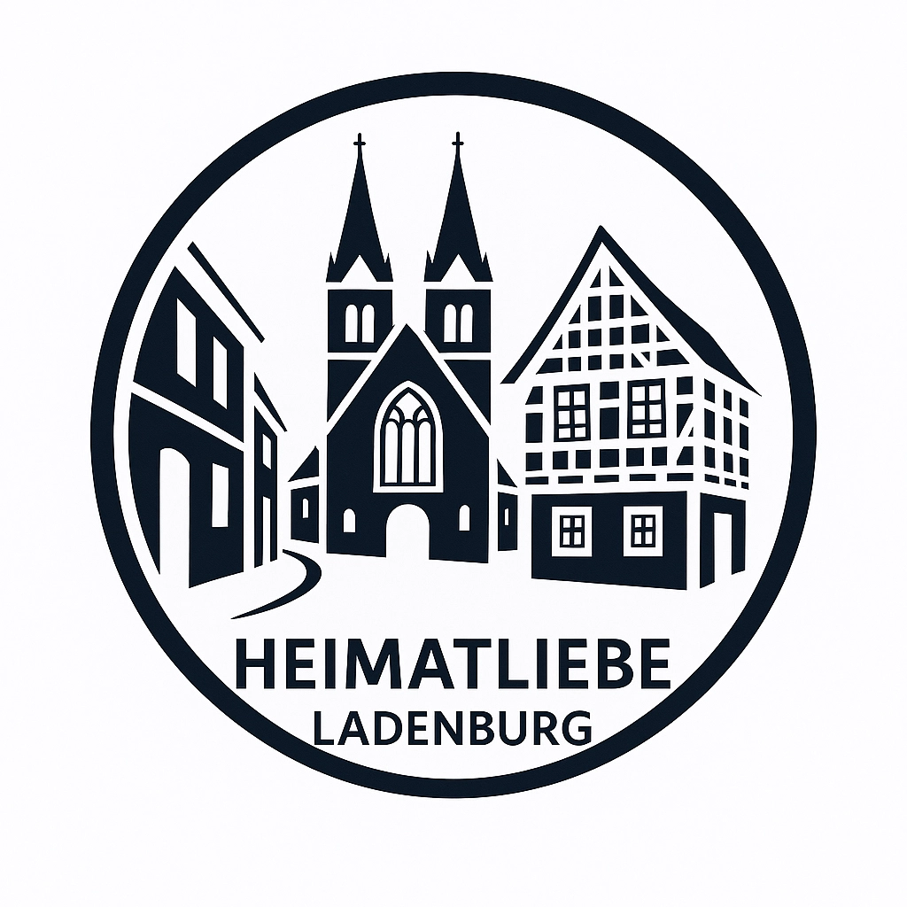 Rundes Logo mit stilisierten Fachwerkhäusern und einer Kirche, Text: HEIMATLIEBE LADENBURG.