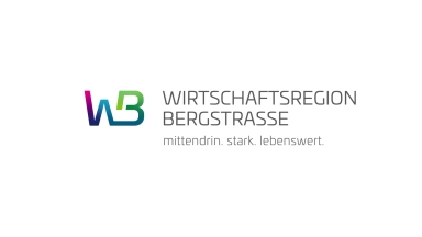 Farbiges WB-Logo links und der Schriftzug 'WIRTSCHAFTSREGION BERGSTRASSE' mit dem Slogan 'mittendrin. stark. lebenswert.' auf weißem Hintergrund.