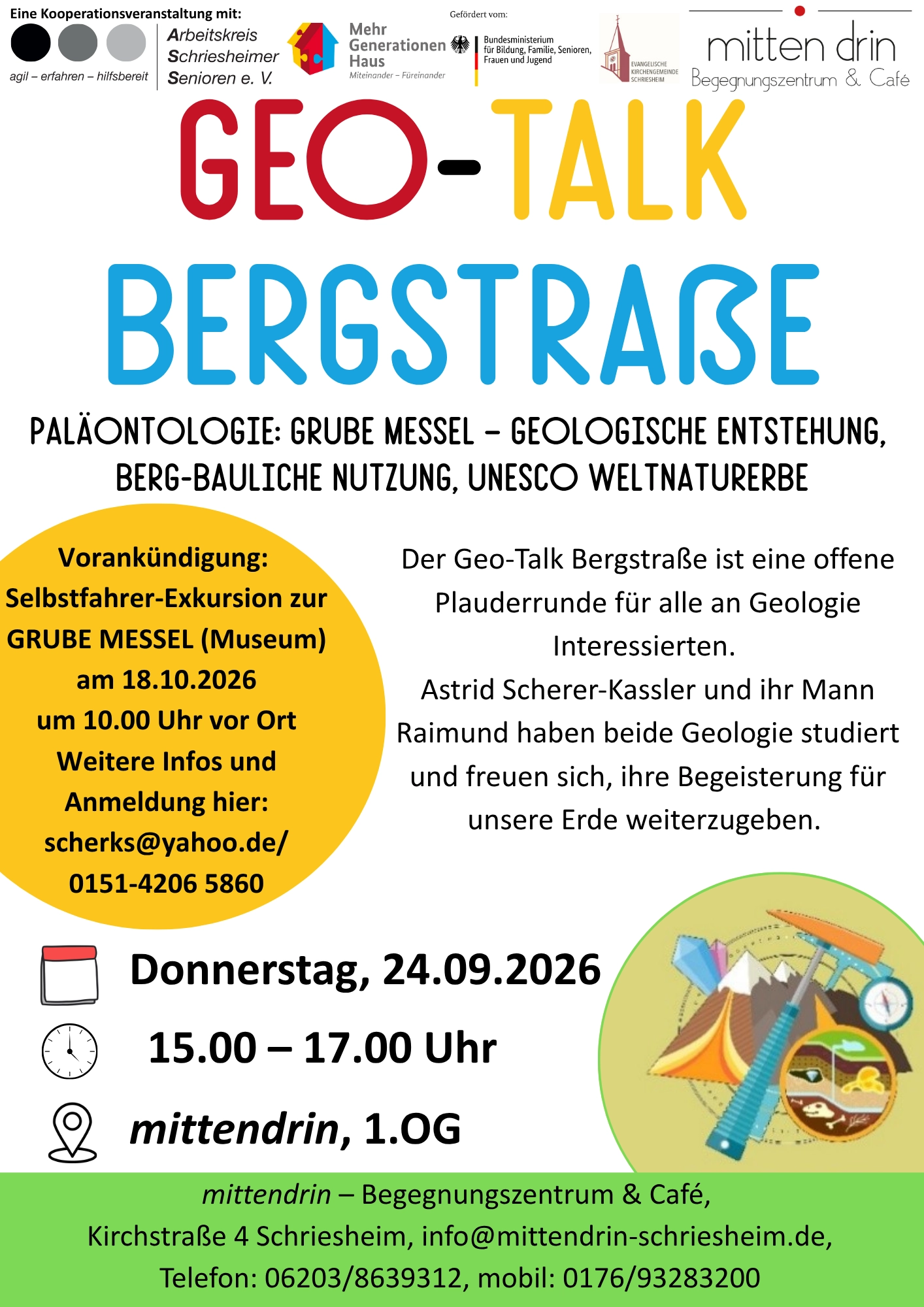 Flyer: Geo‑Talk Bergstraße, Donnerstag 24.09.2026 15:00–17:00 Uhr im mittendrin Begegnungszentrum & Café in Schriesheim; Kontaktdaten und Hinweis auf Exkursion zur Grube Messel.