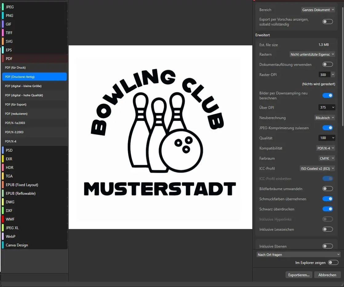 Screenshot eines Export-/Speicherdialogs mit Logo: drei Bowling-Pins, Bowlingkugel und Schriftzug 'Bowling Club Musterstadt'.