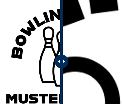 Geteilter Bildausschnitt: links ein Bowling-Logo mit zwei Kegeln und Text, rechts eine stark vergrößerte schwarze Form.