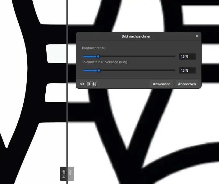 Screenshot eines Bild‑nachzeichnen-Dialogs in deutscher Sprache vor einer schwarz‑weißen Vektorgrafik mit dicken, geschwungenen schwarzen Linien.