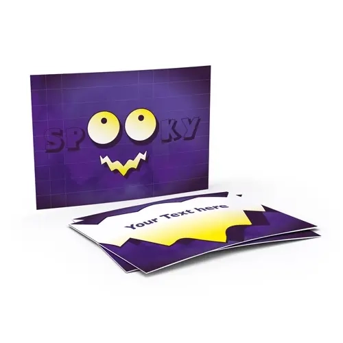 Lila Halloween-Grußkarte mit cartoonhaften gelben Augen und gezacktem Mund; darunter ein Stapel Karten mit Platzhaltertext.
