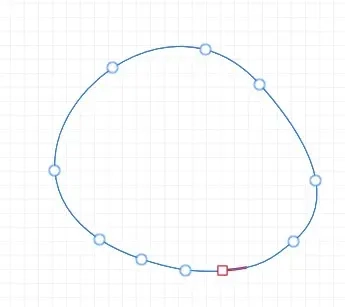 Gitterpapier-Hintergrund mit einer geschlossenen blauen Kurve und mehreren runden Ankerpunkten; ein rotes Quadrat markiert einen ausgewählten Kontrollpunkt.