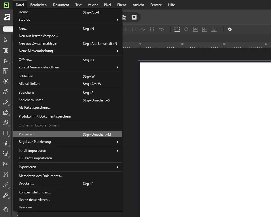 Screenshot einer Grafiksoftware: linkes vertikales Werkzeugfeld, geöffnetes 'Datei'-Menü (Deutsch) und weiße Arbeitsfläche rechts.