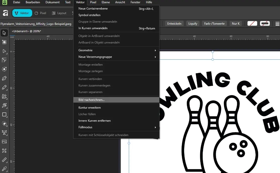 Screenshot einer Grafik-/Vektorsoftware mit geöffnetem Menüpunkt 'Bild nachzeichnen' und einem teilweisen Schwarz-Weiß-Bowling-Club-Logo (Bowlingkugel und -kegel).