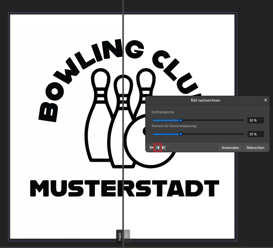 Schwarz-weißes Bowling-Club-Logo mit drei Kegeln, einer Kugel und dem Text 'Bowling Club Musterstadt', teilweise überlagert von einem 'Bild nachzeichnen'-Dialog.