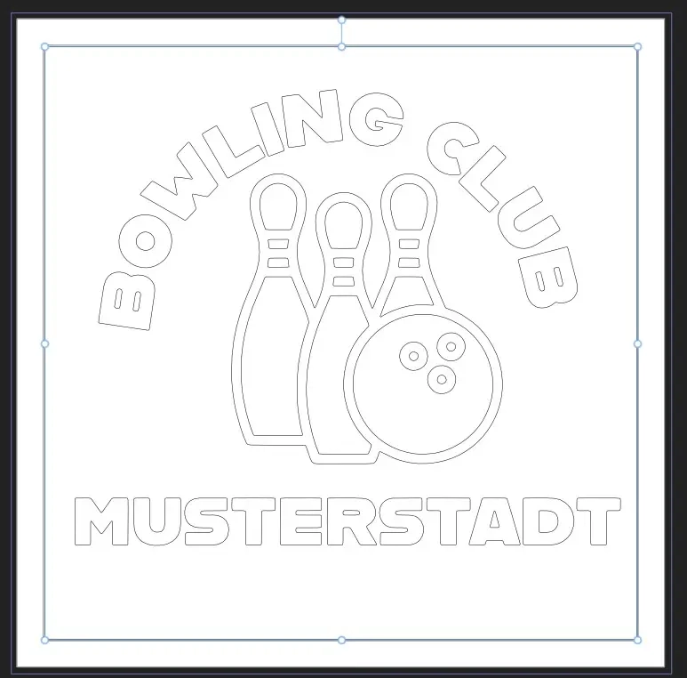 Schwarz-weißes Logo-Design mit drei Bowlingkegeln, einer Bowlingkugel und den Texten "BOWLING CLUB" (oben) und "MUSTERSTADT" (unten).